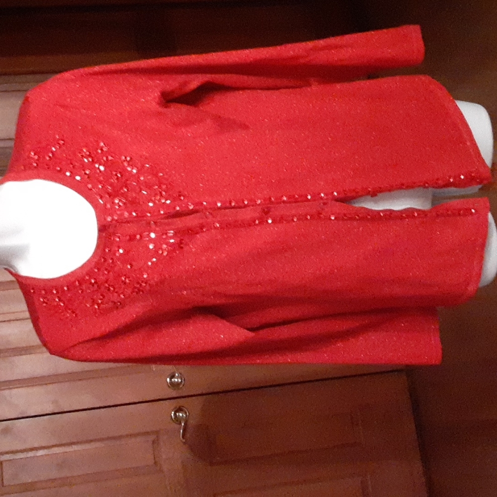 Jaclyn Smith red sparkly cardigan sweater